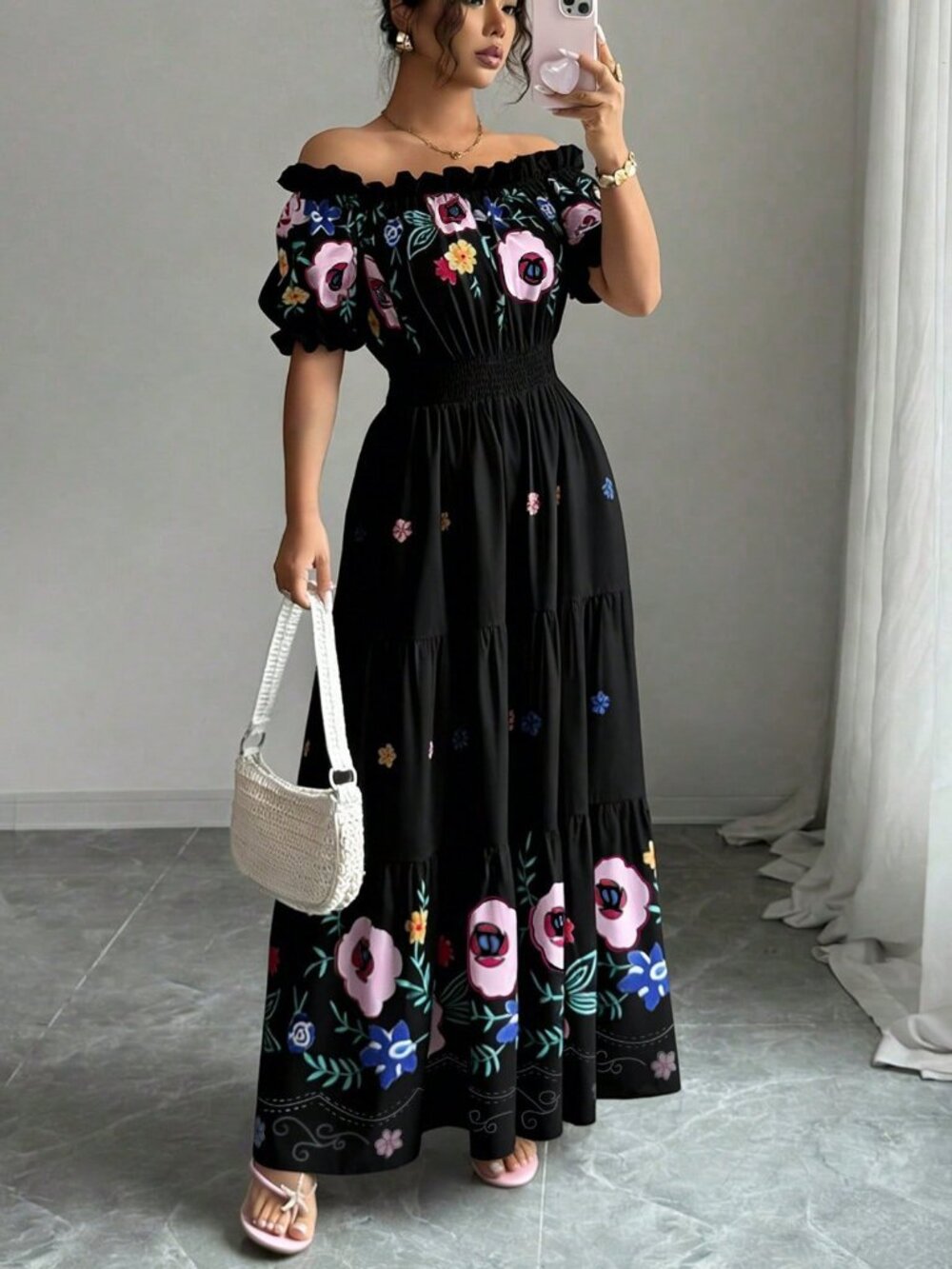 Black Boho Off Shoulder Petal Sleeve Floral Print Waist Flared Women's Dress - Picture 3 of 7